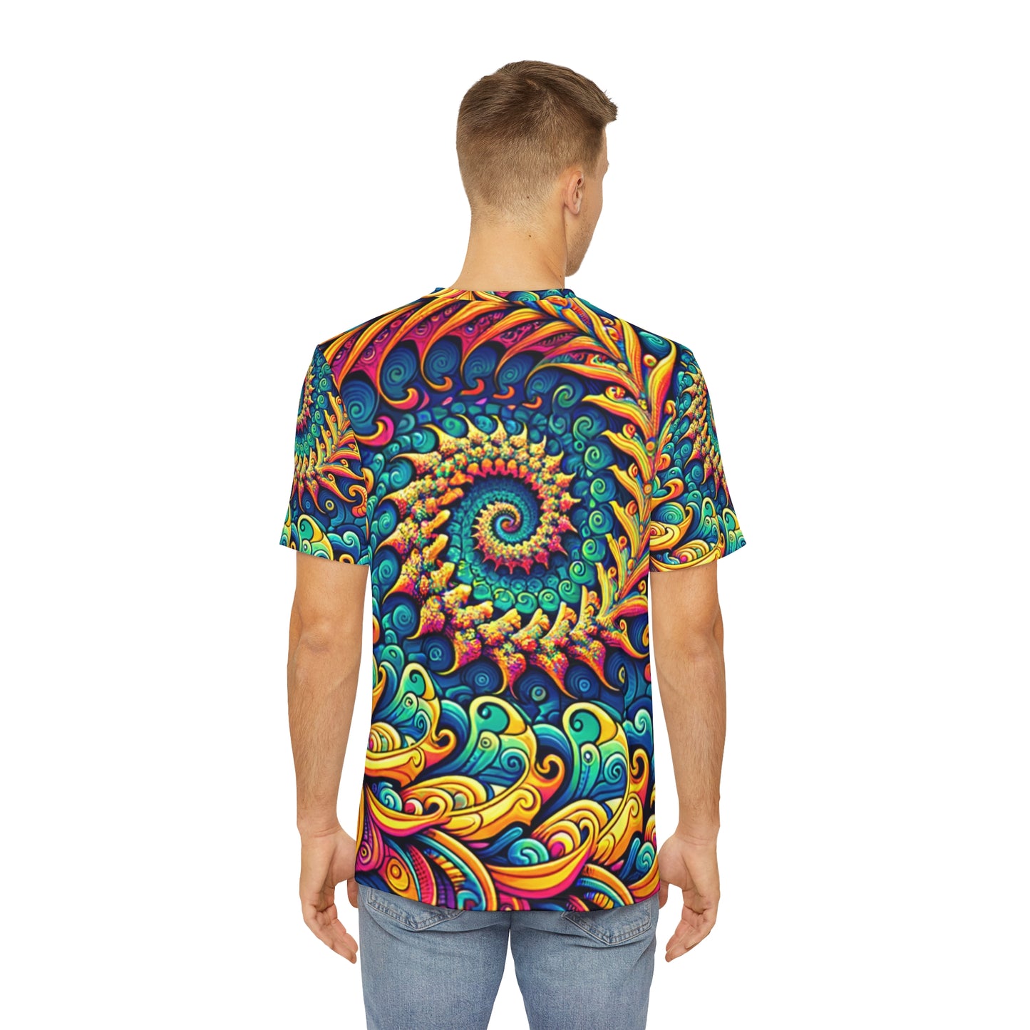 Back view of the Psychedelic Peacock Swirls Crewneck Pullover All-Over Print Short-Sleeved Shirt yellow blue green red peacock swirl pattern  paired with casual denim pants worn by a white man