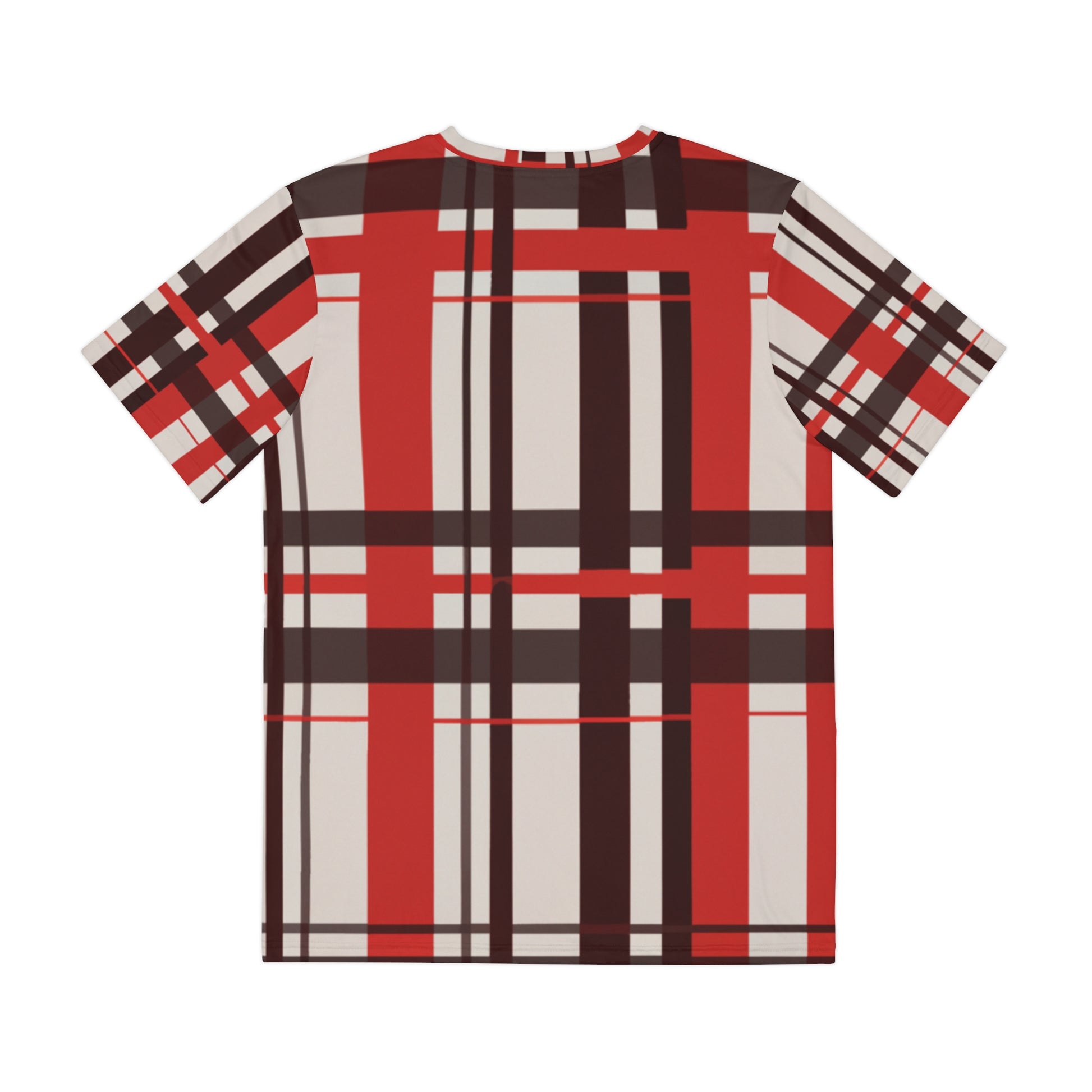 Back view of the Highland Ember Dawn Tartan Crewneck Pullover All-Over Print Short-Sleeved Shirt black red white plaid pattern 