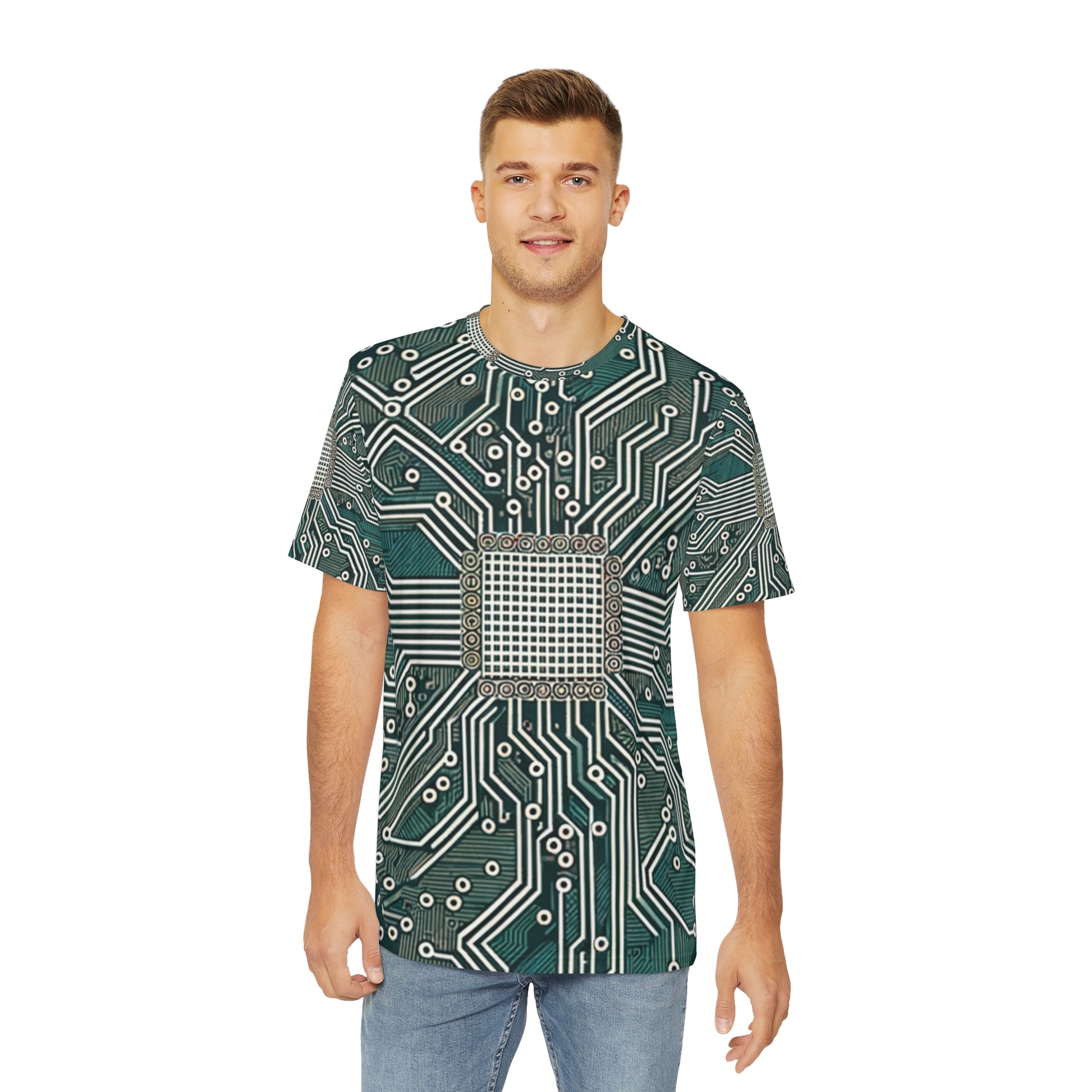 Front view of the Circuit Symmetry Matrix Crewneck Pullover All-Over Print Short-Sleeved Shirt green gray black beige circuit pattern paired with casual denim pants worn by a white man