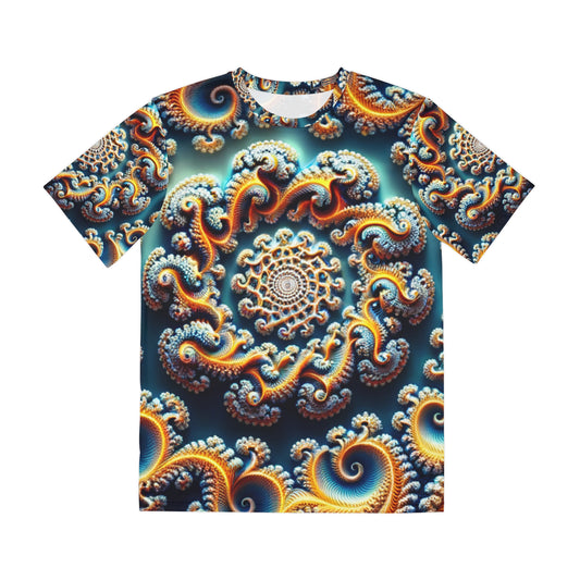 Front view of the Cerulean Spiral Mandala Crewneck Pullover All-Over Print Short-Sleeved Shirt blue green yellow orange white mandala pattern 