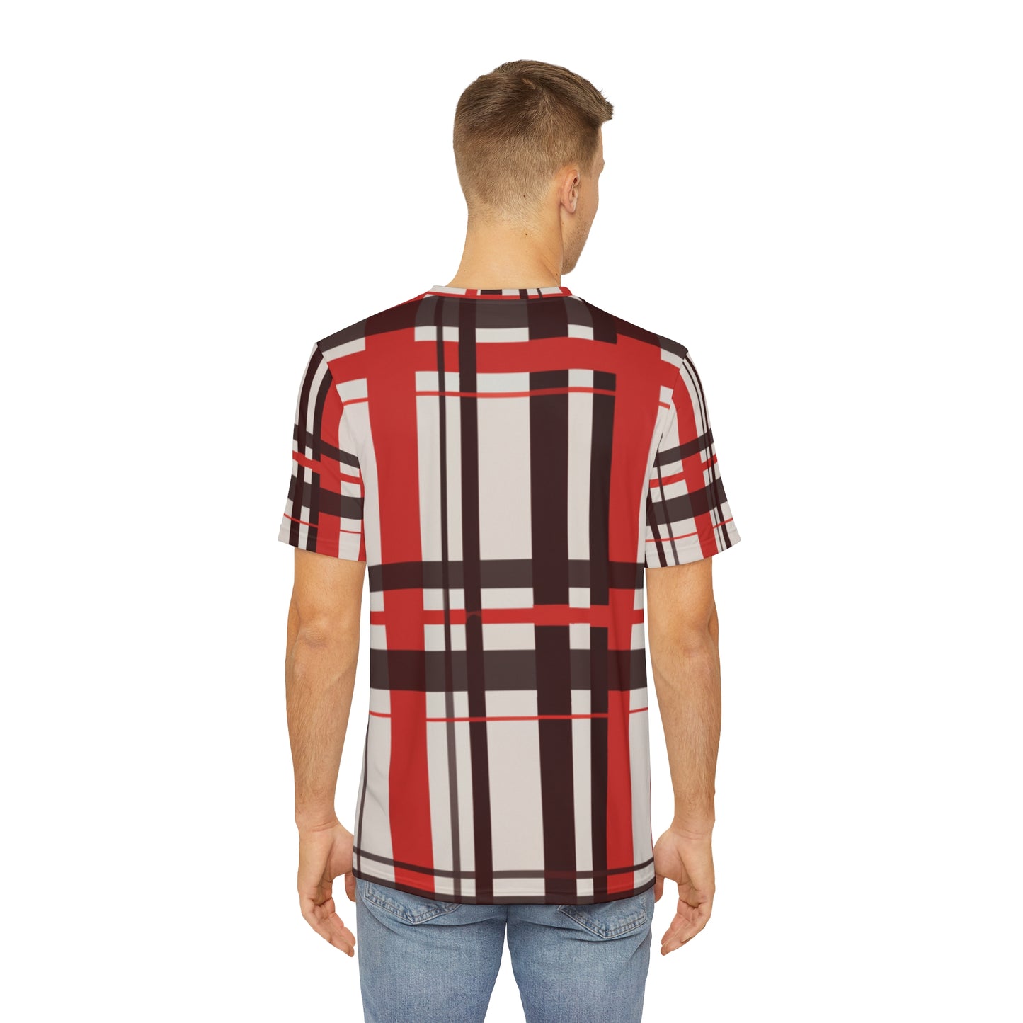 Back view of the Highland Ember Dawn Tartan Crewneck Pullover All-Over Print Short-Sleeved Shirt black red white plaid pattern paired with casual denim pants worn by a white man