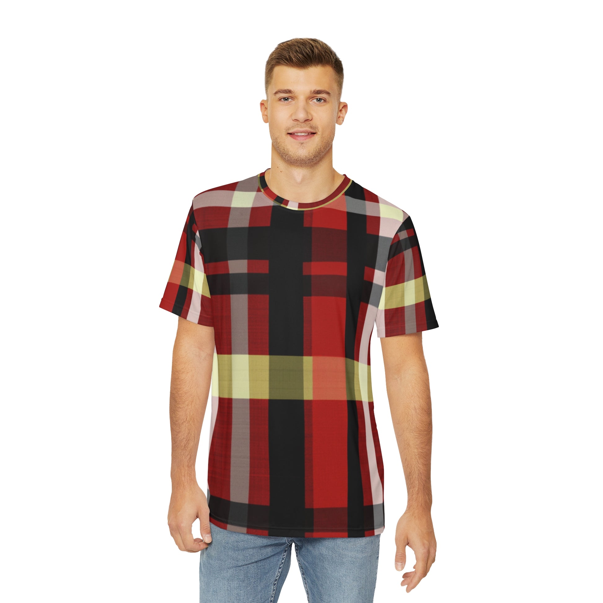 Front view of the Highlander's Dawn Tartan Crewneck Pullover Short-Sleeved Shirt red black white yellow plaid pattern paired with casual denim pants worn by a white man