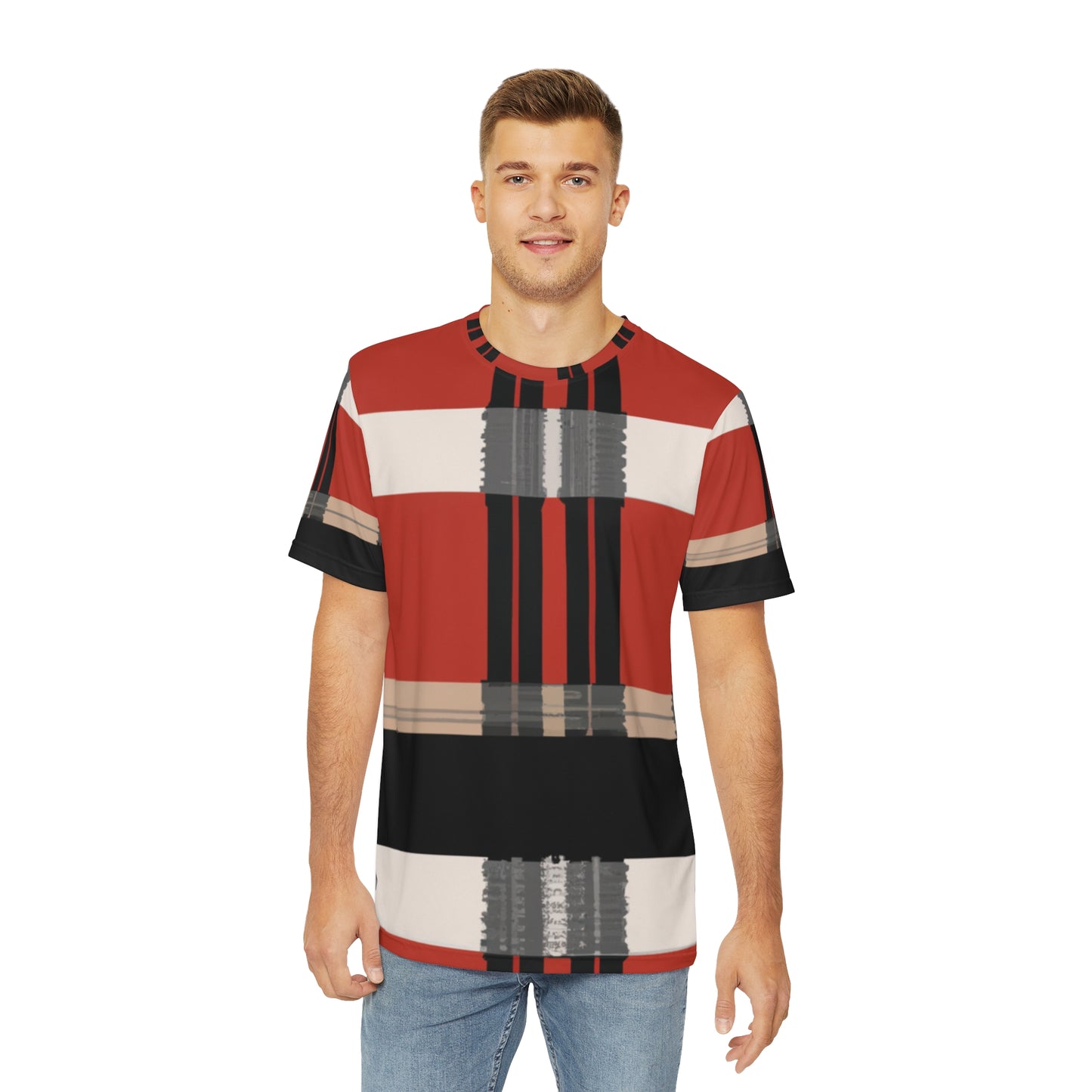 Front view of the Highland Cardinal Alba Tartan Crewneck Pullover All-Over Print Short-Sleeved Shirt red black beige plaid pattern paired with casual denim pants worn by a white man