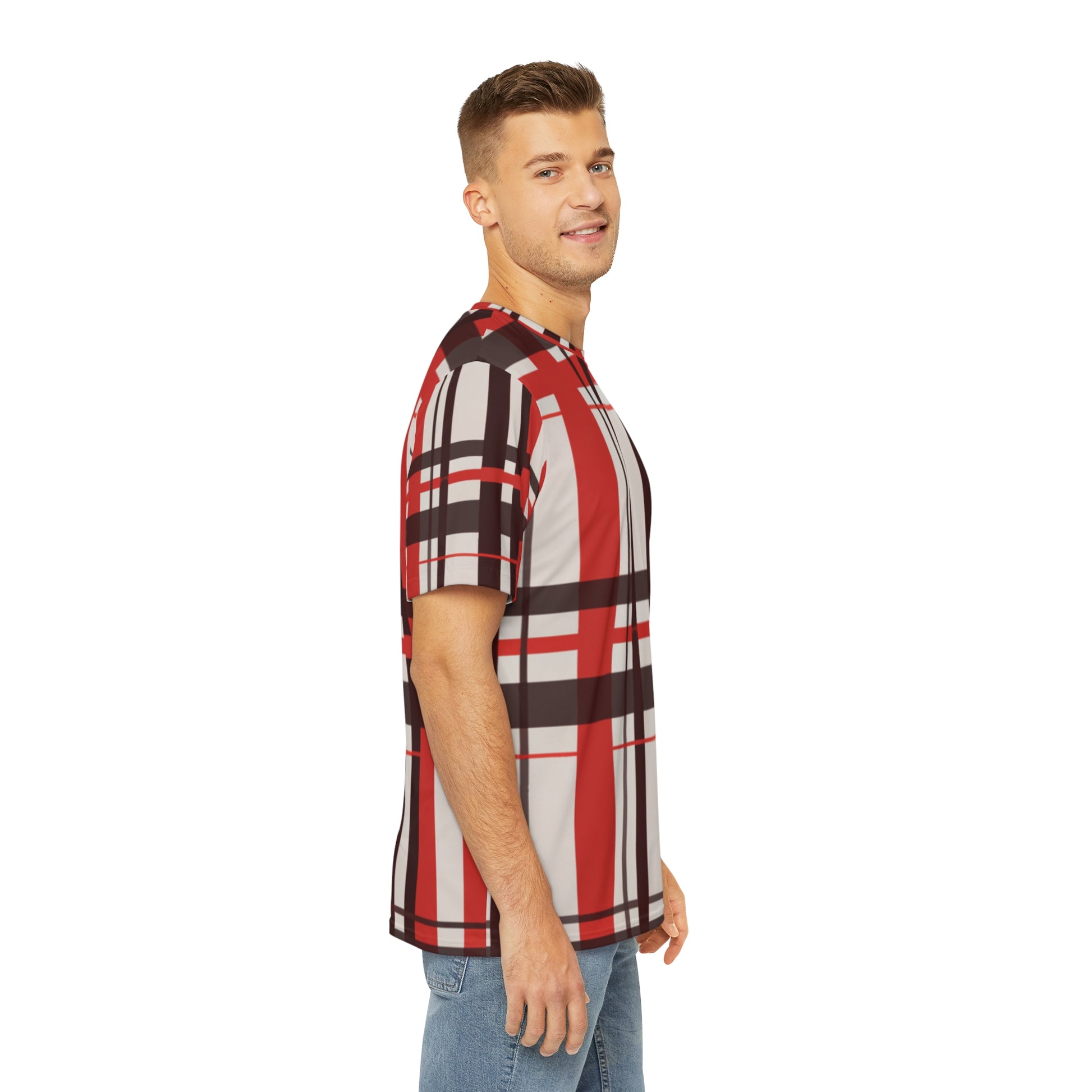 Side view of the Highland Ember Dawn Tartan Crewneck Pullover All-Over Print Short-Sleeved Shirt black red white plaid pattern paired with casual denim pants worn by a white man