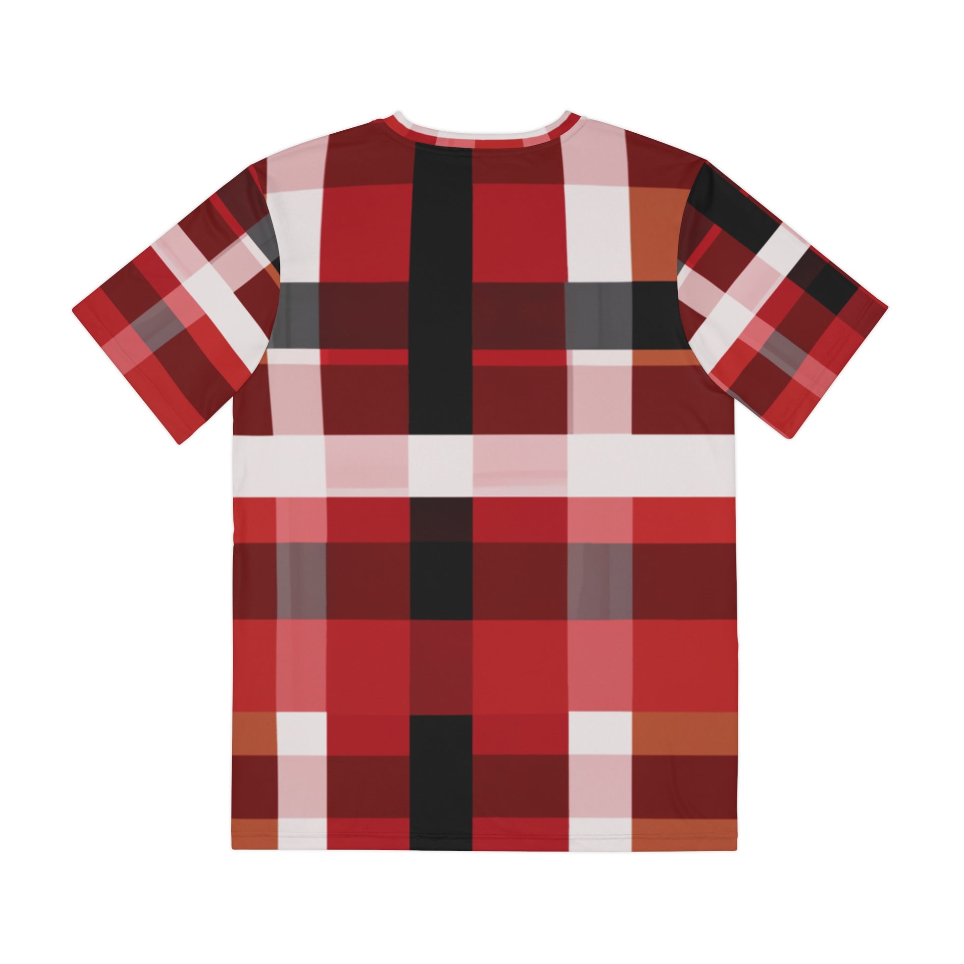 Back view of the Edinburgh Ember Radiance Crewneck Pullover Short-Sleeved Shirt red white black yellow plaid pattern