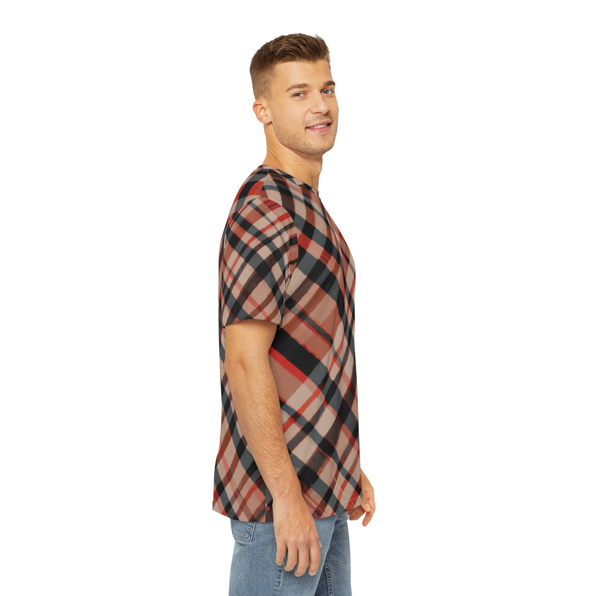 Side view Highland Ember Clash Crewneck Pullover All-Over Print Short-Sleeved Shirt red black beige brown plaid pattern paired with casual denim pants worn by a white man