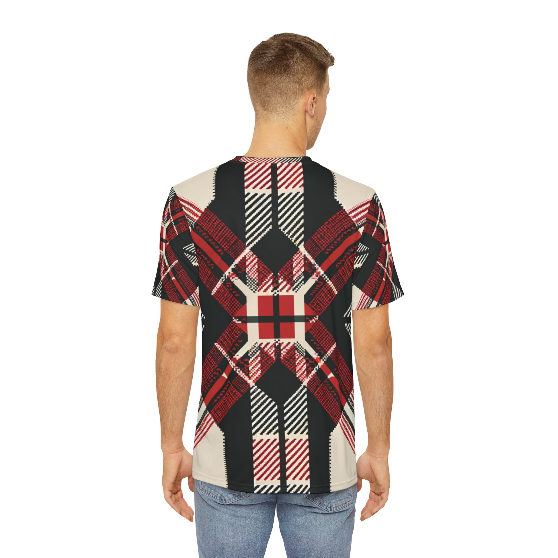 Back view of the Highland Matrix Tartan Crewneck Pullover All-Over Print Short-Sleeved Shirt red black beige plaid print paired with casual denim pants worn by a white man