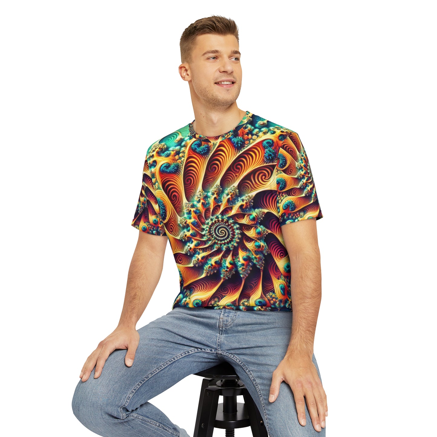 Front view of the Aquatic Hypnotica Spiral Crewneck Pullover All-Over Print Short-Sleeved Shirt blue green yellow orange red white blue spiral pattern paired with casual denim pants worn by a white man sitting on a stool chair