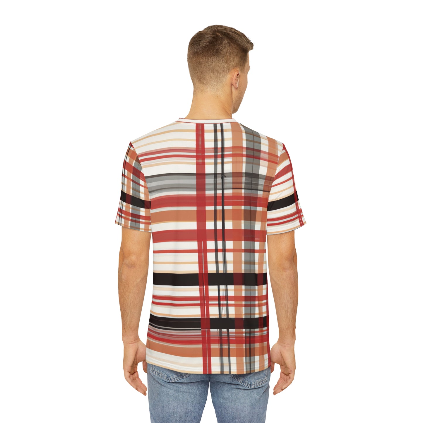 Back view of the Maestro Kaleidoscope Crewneck Pullover All-Over Print Short-Sleeved Shirt black red white plaid pattern paired with casual denim pants worn by white man