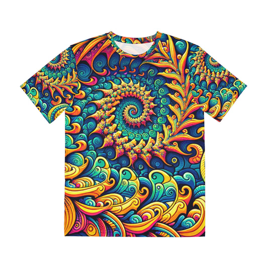 Front view of the Psychedelic Peacock Swirls Crewneck Pullover All-Over Print Short-Sleeved Shirt yellow blue green red peacock swirl pattern