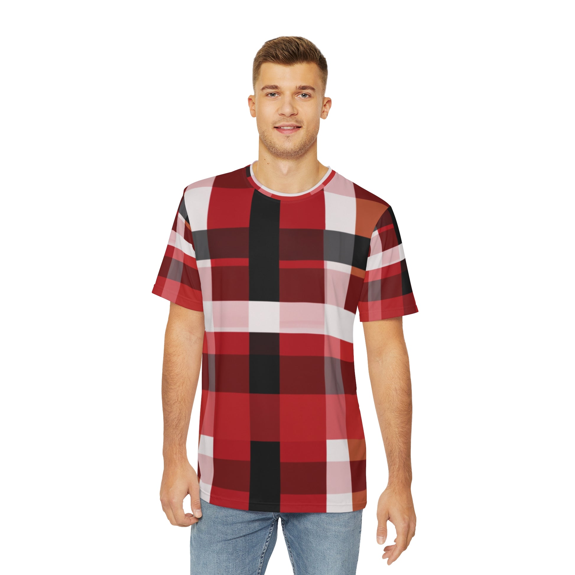 Front view of the Edinburgh Ember Radiance Crewneck Pullover Short-Sleeved Shirt red white black yellow plaid pattern paired  with casual denim pants worn by a white man