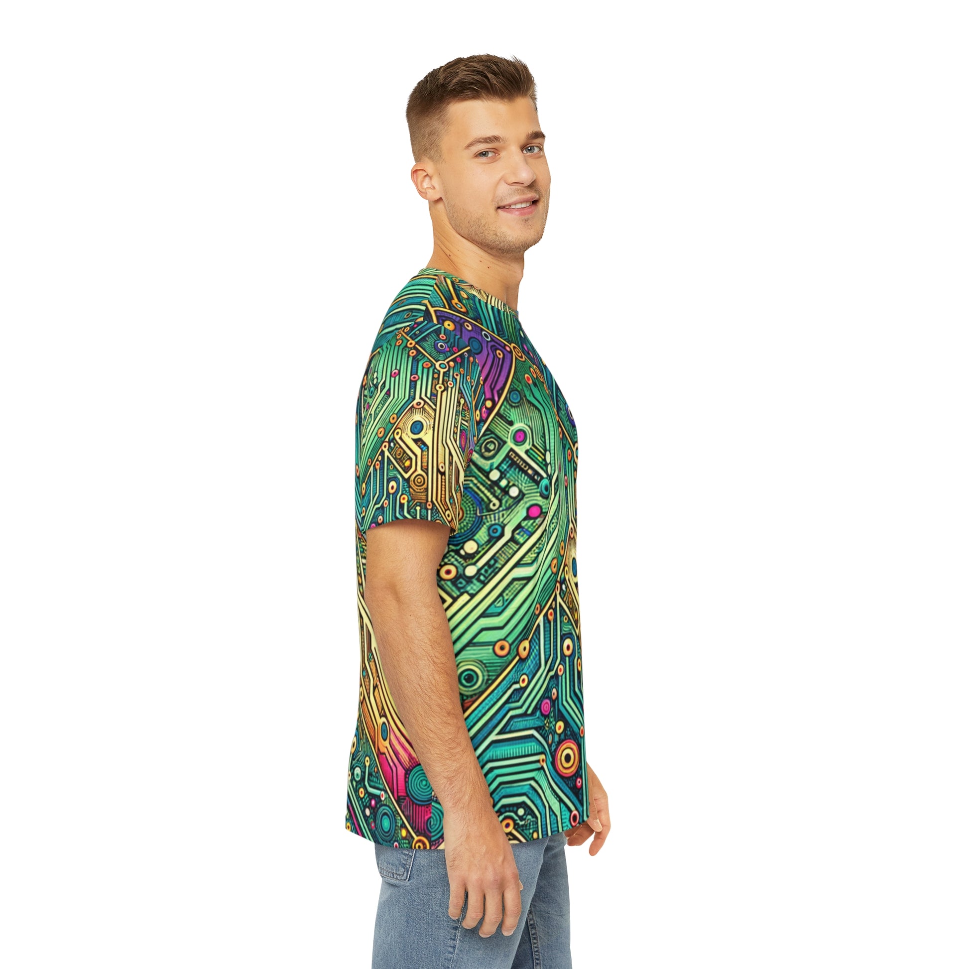 Side view of the Circuit Synapse Fiesta Crewneck Pullover All-Over Print Short-Sleeved Shirt circuit print pattern green blue yellow red black white blast of colors paired with casual denim pants worn by a white man