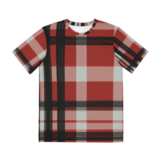 Front view of the Highland Ember Radiance Crewneck Pullover All-Over Print Short-Sleeved Shirt red black white plaid pattern 