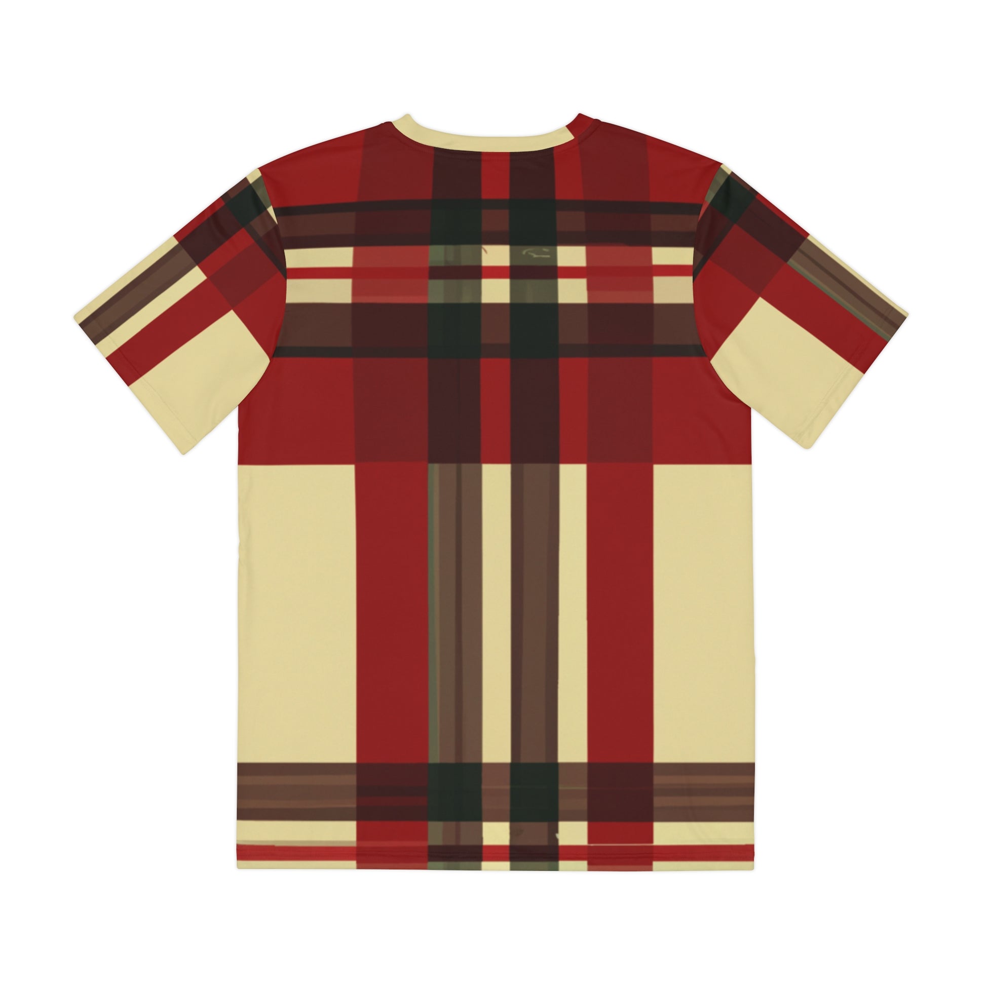 Back view of the Highland Ember Pixels Crewneck Pullover All-Over Print Short-Sleeved Shirt black red beige plaid pattern 