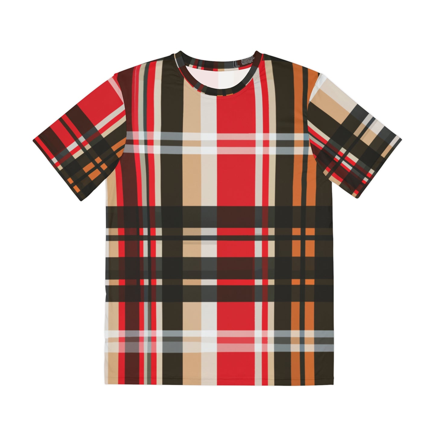 Front view of the Glasgow Plaid Crewneck Pullover All-Over Print Short-Sleeved Shirt red black white yellow mustard plaid pattern 