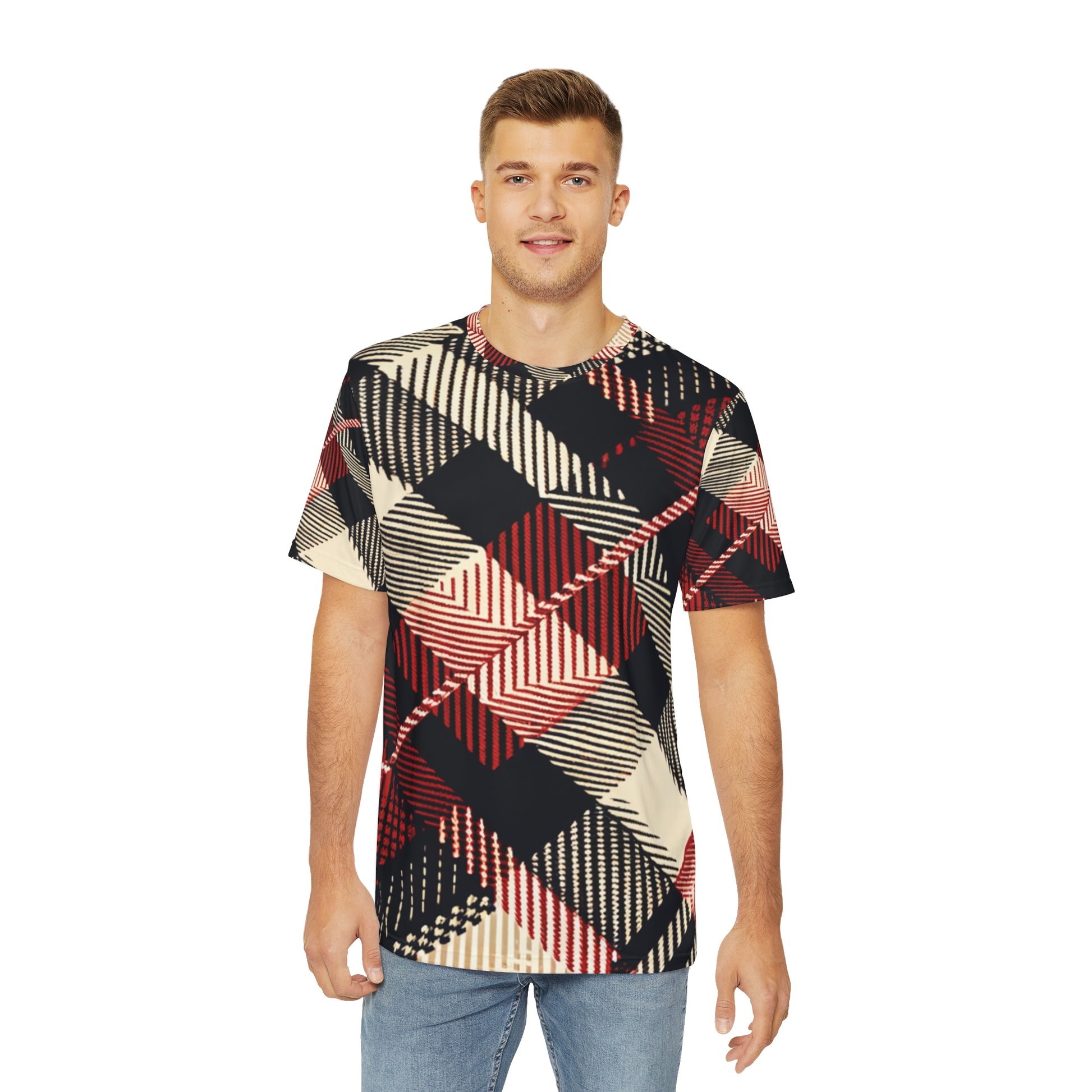 Front view of the Crimson Houndstooth Cascade Crewneck Pullover All-Over Print Short-Sleeved Shirt paired with casual denim pants worn by a white man