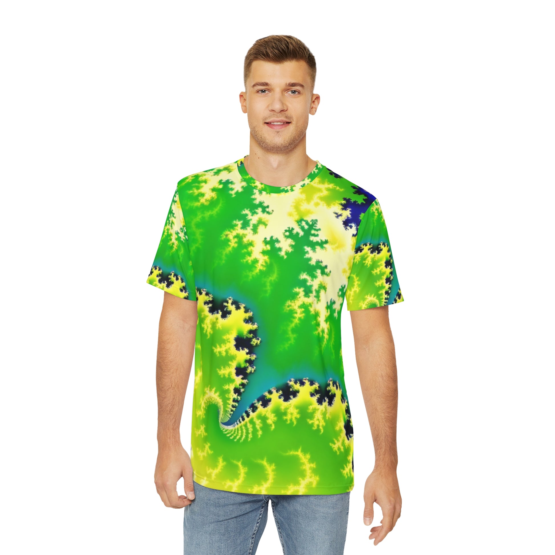 Front view of the Psychedelic Serpentine Fractal Fusion Crewneck Pullover All-Over Print Short-Sleeved Shirt green yellow blue black psychedelic pattern paired with casual denim pants worn by a white man