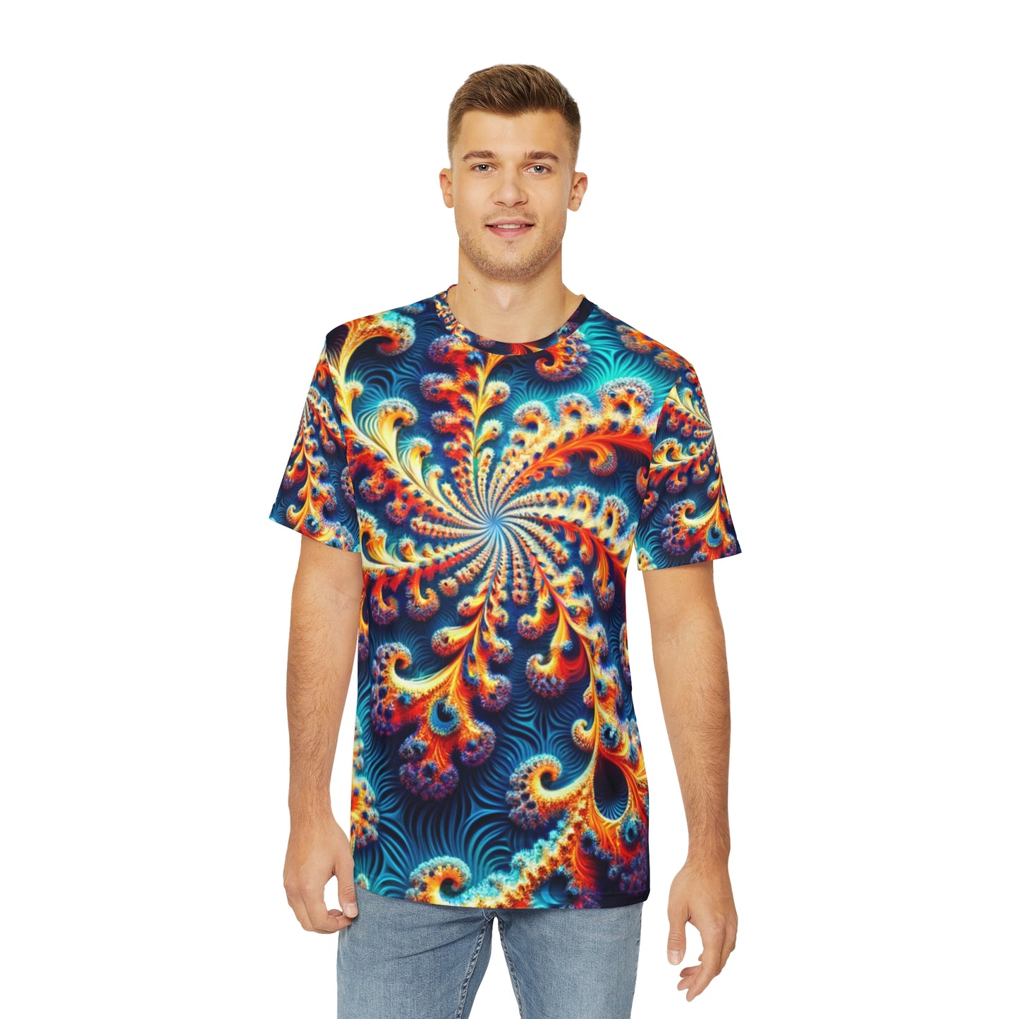 Front view of the Iridescent Nautilus Swirls Crewneck Pullover All-Over Print Short-Sleeved Shirt blue red yellow orange green swirl pattern paired with casual denim pants worn by a white man