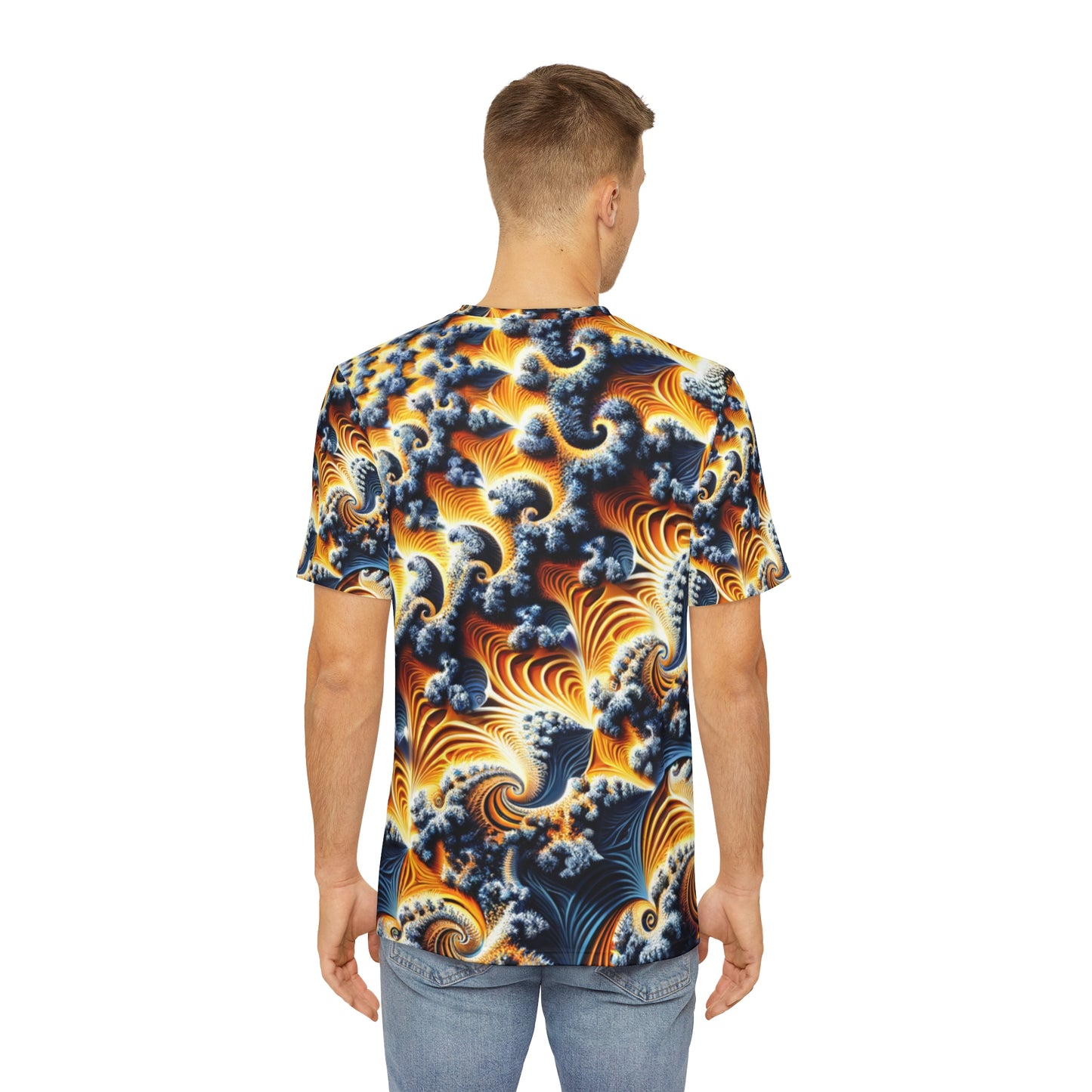 Back view of the Celestial Spirals & Waves Crewneck Pullover All-Over Print Short-Sleeved Shirt yellow blue black white orange celestial pattern paired with casual denim pants worn by a white man