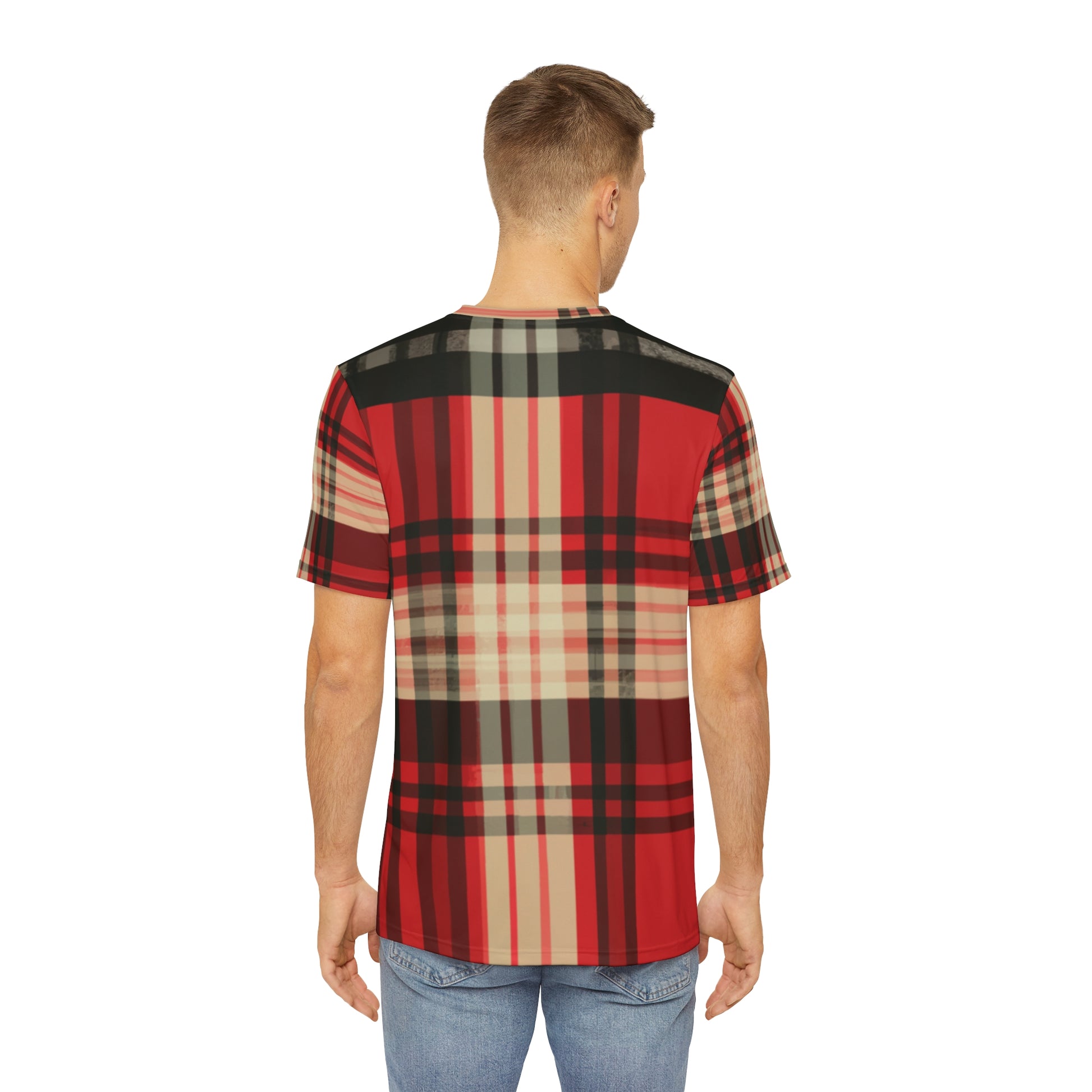 Back view of the Highland Blaze Sonata Tartan Crewneck Pullover All-Over Print Short-Sleeved Shirt black red beige background plaid pattern paired with casual denim pants worn by a white man