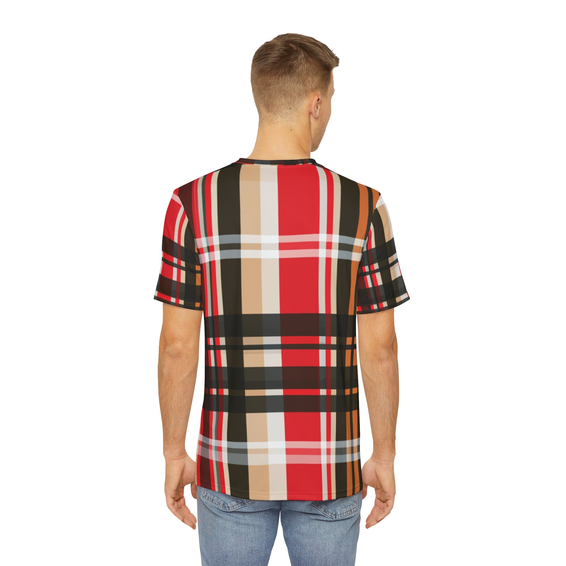 Back view of the Glasgow Plaid Crewneck Pullover All-Over Print Short-Sleeved Shirt red black white yellow mustard plaid pattern paired with casual denim jeans worn by a white male