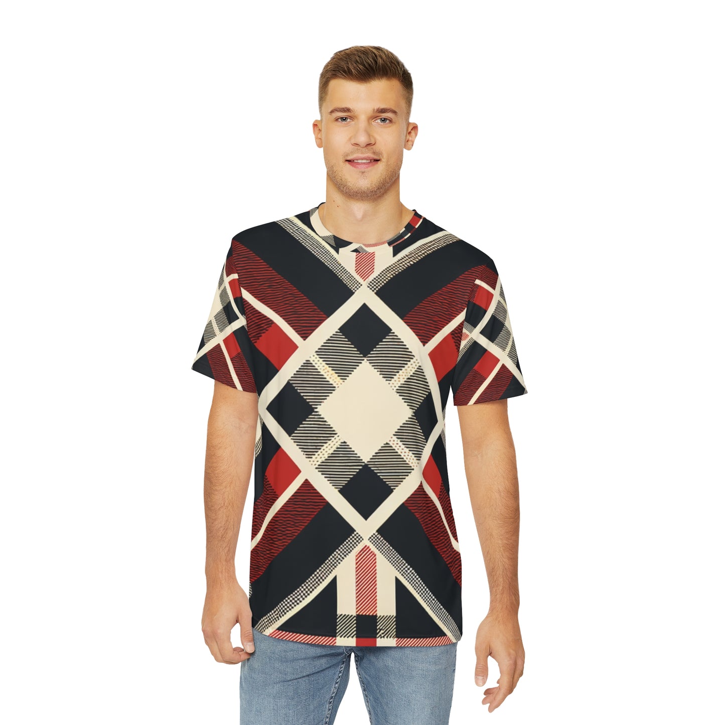 Front view of the Metropolitan Tartan Fusion Crewneck Pullover All-Over Print Short-Sleeved Shirt black red beige plaid pattern paired with casual denim pants worn by a white man