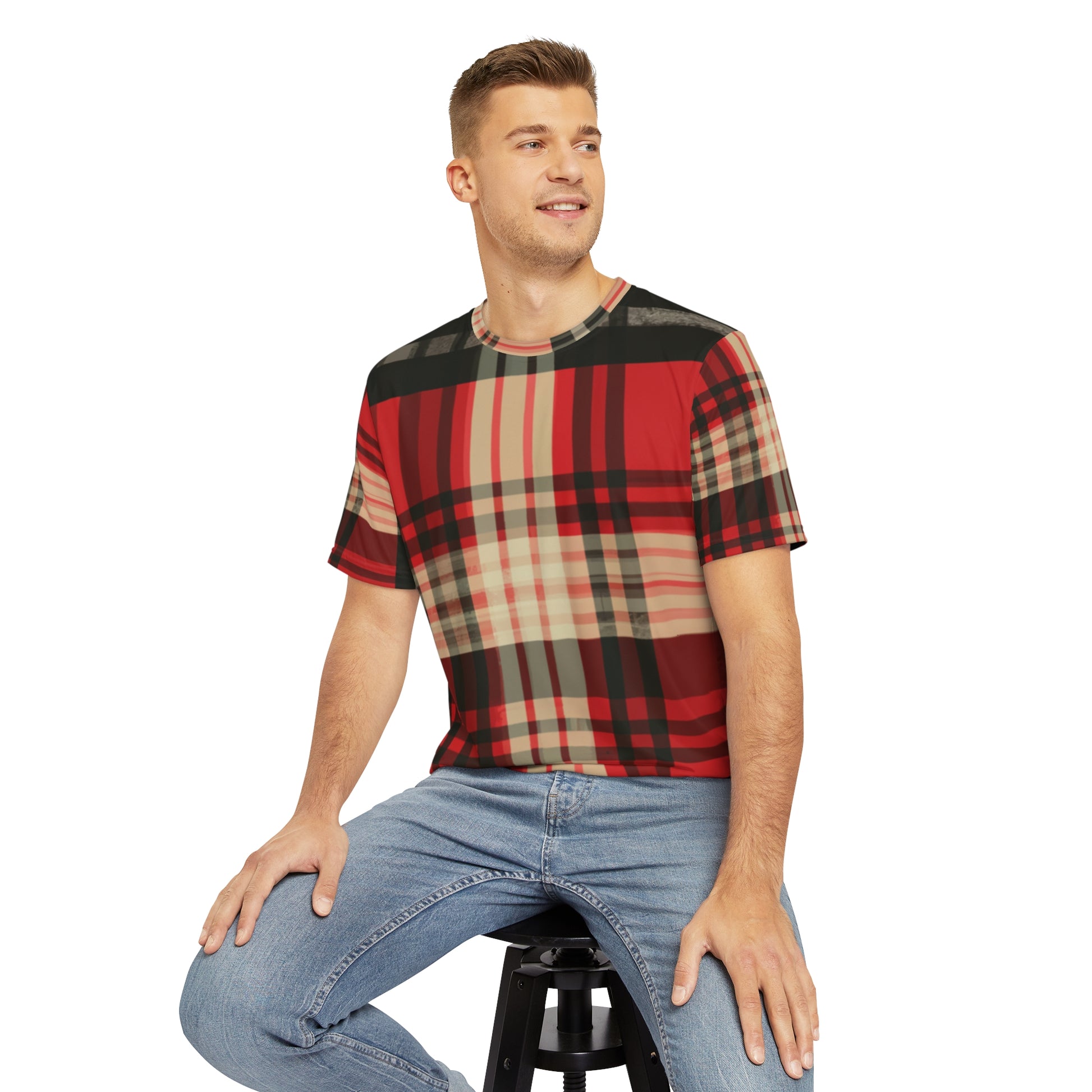 Front view of the Highland Blaze Sonata Tartan Crewneck Pullover All-Over Print Short-Sleeved Shirt black red beige background plaid pattern paired with casual denim pants worn by a white man sitting on a stool chair 