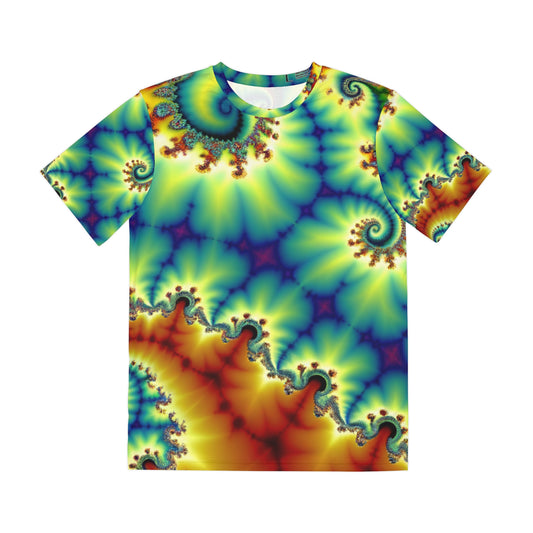 Front view of the Spectral Helix Dreamatorium Crewneck Pullover All-Over Print Short-Sleeved Shirt yellow oranger red blue green purple spectral pattern